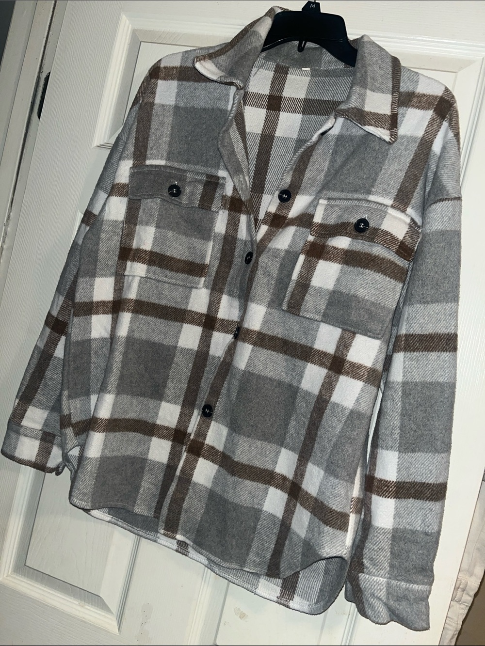 Plaid Shacket Jacket in Gray and Taupe - Picture 4 of 6